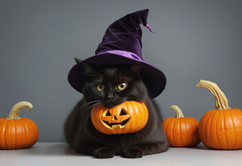 Cute black cat with a witch's hat next to a Halloween Jack o lantern pumpkin