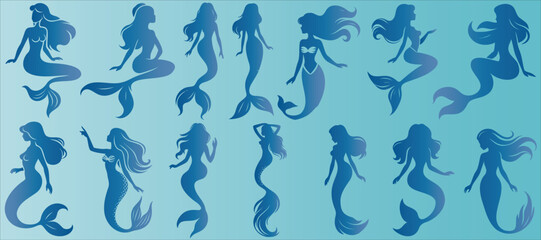 Mermaid silhouette, underwater mermaid vector elegance, mythical beauty, tranquil blue background. Fantasy marine scene, oceanic allure, serene aquatic design