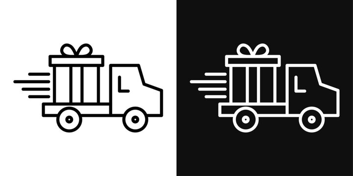 Truck Carrying Gift Box Icon Set. Vector Illustration