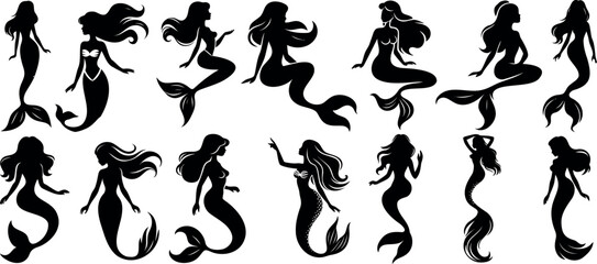 Mermaid silhouettes, mermaid vector for fantasy designs, ocean themed artwork, elegant mermaid poses. Ideal for tattoos, marine life illustrations, aquatic themes