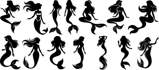 Mermaid silhouette, fantasy, underwater, mythology,  elegant mermaid vector shows beauty, swimming, sitting, feminine, mystical, aquatic mermaids, tail, fins, waves, siren, nautical, dreamy, charm