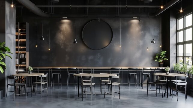 Modern Black And Gray Cafe Interior With A Round And A Rectangular Signs, Wooden Tables And Metal Chairs. 3d Rendering Mock Up 