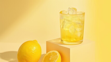 Cool lemon-colored drink with ice in an ordinary round glass placed on a cube base. With a whole lemon next to it. bright pastel colored background.