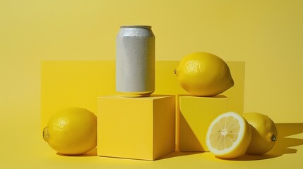 Beverage cans are placed on a cube-shaped base. Complete with a whole lemon, it has a pastel yellow background and a bold bright yellow for the base. create beauty