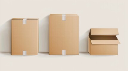 Three cardboard rectangular packaging boxes mockups isolated on white background. Vector illustration 