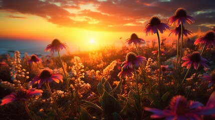 A beautiful Flower field At Sunset. Nature, Summer, the Golden Hour of the concept.