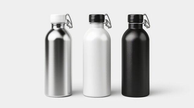 Vector Realistic 3d White, Silver and Black Empty Glossy Metal Reusable Water Bottle with Silver Bung Set Closeup Isolated on White Background. Design template of Packaging Mockup. Front View 