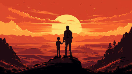 silhouette of a father and son on the top of mountain