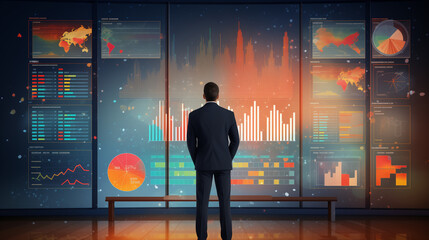 Fototapeta na wymiar Business man standing infront of graphs and charts
