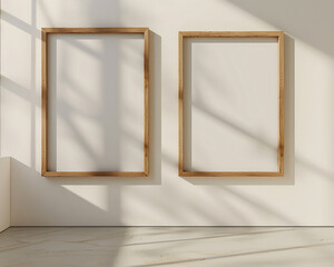 Two clean and streamlined wooden frame blank mockups mounted on a white wall, illuminated by natural sunlight from the side, featuring an organic texture and bright photography setting.