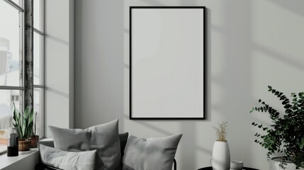 White poster with black frame mockup on grey wall 