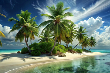 Tropical Oasis, Palm trees swaying in the breeze on a pristine island beach.
