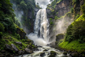 Thundering Cascade, A powerful waterfall cascading down rocky cliffs amidst lush foliage.
