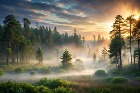 Misty Morning, Ethereal fog enveloping tranquil forest scenery at dawn.
