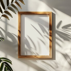 A clean and streamlined 8x10 wooden frame mockup, mounted on a white wall with natural sunlight streaming in, featuring an organic texture and bright photo quality.