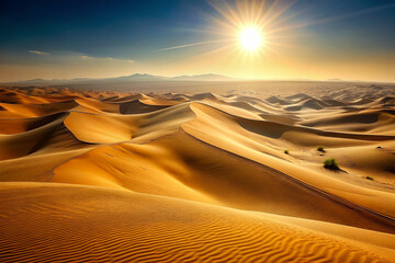 Desert Mirage, Rippling sand dunes stretching endlessly under a scorching sun.
