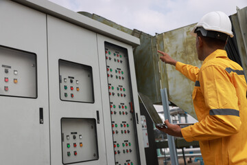The electrical engineer checks and inspects at MDB panel (Main Distribution Board ) in the...