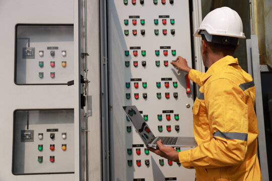 The electrical engineer checks and inspects at MDB panel (Main Distribution Board ) in the Substation building, daily and checks the electric switchboard on the Main Distribution Boards of the factory