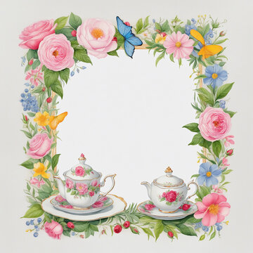 a whimsical tea party setup forming a frame border, copyspace