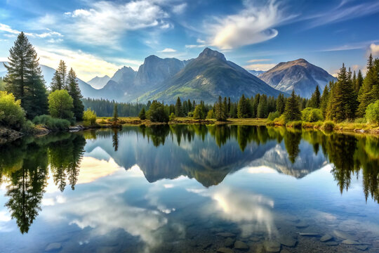 Tranquil Lake, Mirror-like water reflecting the surrounding mountains and trees.
