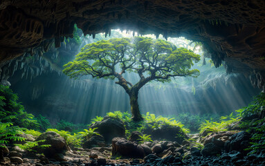 A tree grows in an underground cavern