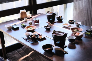 Delicious Traditional Japanese breakfast set meal at Onsen Hot Spring Hotel in Japan 
