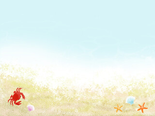 波打ち際に集まる海の生物（カニ・ヒトデ・貝殻）の水彩背景イラスト（横型） © sokabe