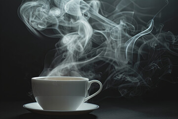 A hot coffee that smokes in a white cup
