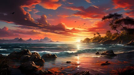 A radiant sunset over a tranquil ocean - obrazy, fototapety, plakaty