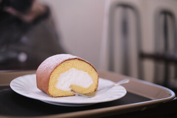 Japanese roll cake, close up japanese roll cake in dish

