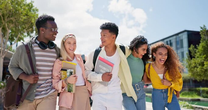 University student, laugh and friends with hug on walk to class with diversity, care or campus for education. Gen z group, women and men with surprise for learning, studying and excited at college
