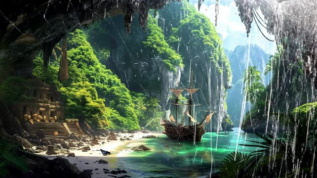 secluded pirate hideout nestled within a hidden cove, Seamless looping 4k video background animation for streamer, game, or vtuber