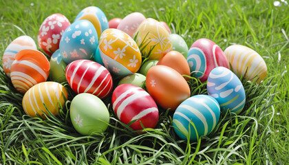 Fototapeta na wymiar Easter decorations, colorfully painted Easter eggs on a sunny meadow in spring