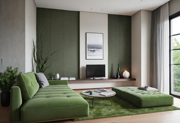 Modern living room interior with green sofa against moss picture