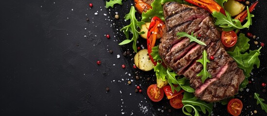 A perfectly cooked beef fillet steak is showcased alongside colorful vegetables and a rich sauce on a sleek black surface. The ingredients are arranged in an enticing and appetizing display.