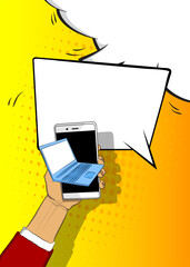 Cartoon Smart Phone and Laptop with blank speech bubble, comic book Computer background. Retro vector comics pop art design.