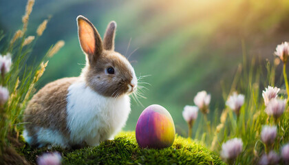 Easter bunny with painted egg on clean background, symbolizing holiday joy and renewal - obrazy, fototapety, plakaty