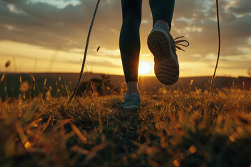 A person is warming-up with skipping-rope at sunrise