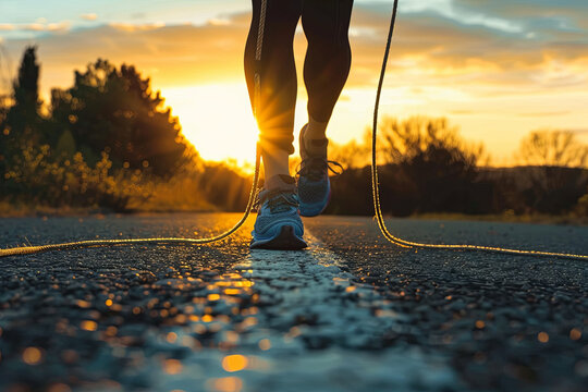A person is warming-up with skipping-rope at sunrise