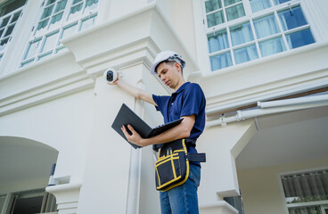 A technician sets up a CCTV camera on the facade of a residential building.