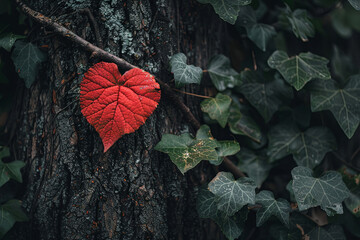 A red heart shaped leaf in a tree next to green leafs symbolising care and love for nature