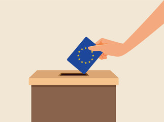 Person Voting for the European Parliament Elections Vector Illustration. Citizen in the EU expressing choice of representative in the office 
