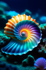Blue ocean seascape, wave, beautiful seashell in holographic gradient by the warm sunset light of underwater. - 749742996