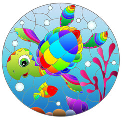 Fototapeta na wymiar Illustration in the style of stained glass with bright cartoon turtle on the background of the sea floor, fish and water, oval image