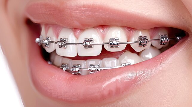 Close-up of a mouth with braces on healthy white teeth