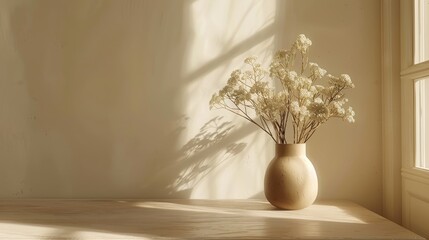 Serene setting with a vase of baby's breath on a sunlit table.