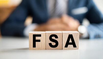 White table with FSA blocks representing flexible spending account, symbolizing financial planning and benefits allocation - obrazy, fototapety, plakaty