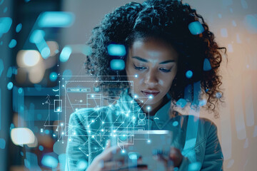 A woman using a chatbot to obtain information about the future of work and employment