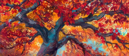 A painting showcasing a Liquidambar tree with vibrant red leaves in full autumnal splendor. The tree stands out against a neutral background, highlighting its stunning foliage.