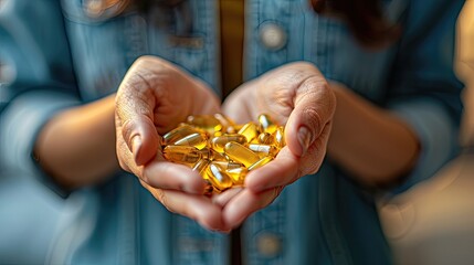 Hands offering a handful of golden capsules. - obrazy, fototapety, plakaty